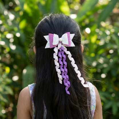 Combo: 1 Dangler Hair-pin and 2 Rubberbands with Fancy Shimmer Bow for Party - Light Blue, Light Pink, Purple