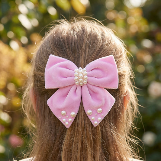 Velvet party bow on Alligator clip  embellished with pearls - Light Pink