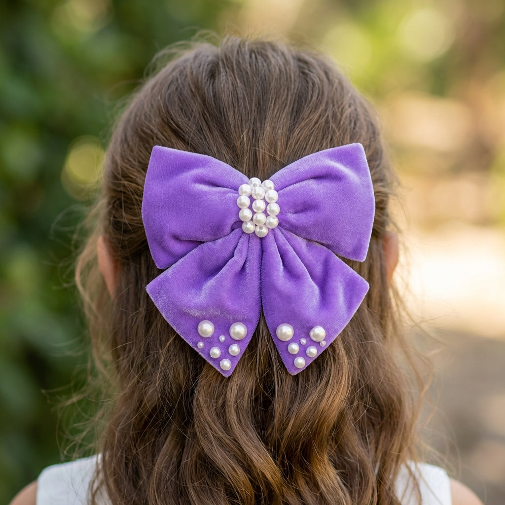 Velvet party bow on Alligator clip  embellished with pearls  - Purple