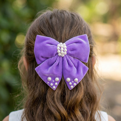 Velvet party bow on Alligator clip  embellished with pearls  - Purple