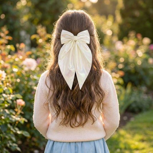 Shiny big scarf with pearls on barette clip - White