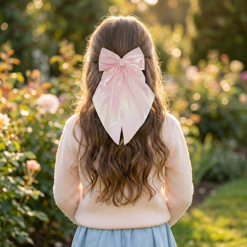 Shiny big scarf with pearls on barette clip - Baby pink