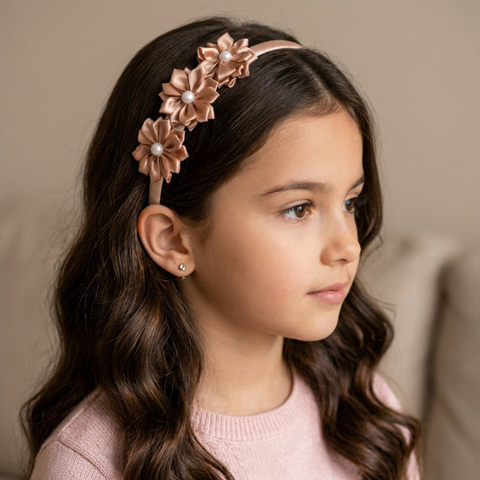 Triple Satin Flower Hairband with Pearls Detailing - Gold