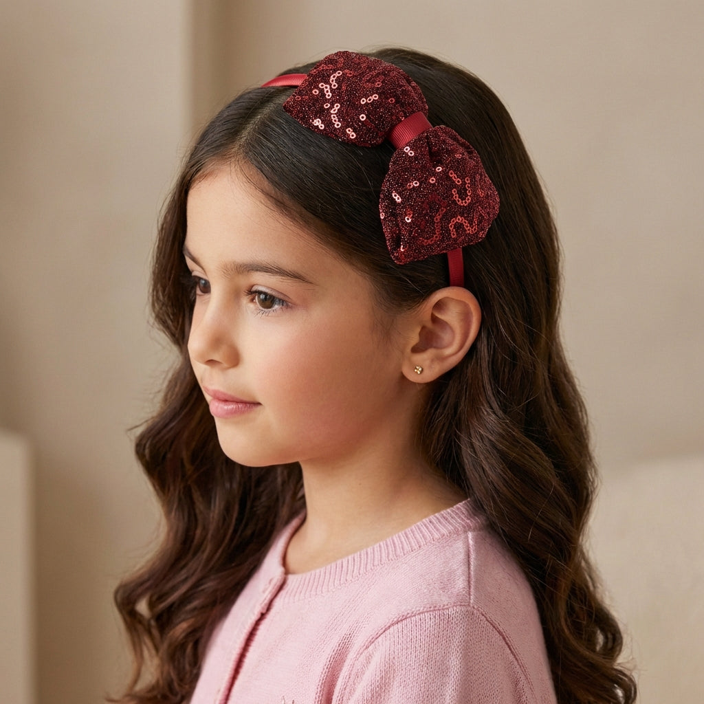 Big sequined party bow on hair band - Maroon