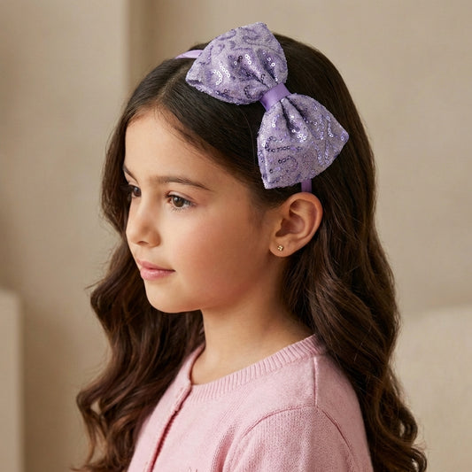 Big sequined party bow on hair band - Lavender