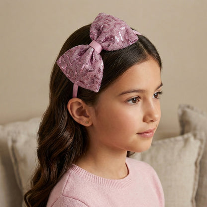 Big sequined party bow on hair band - Light pink