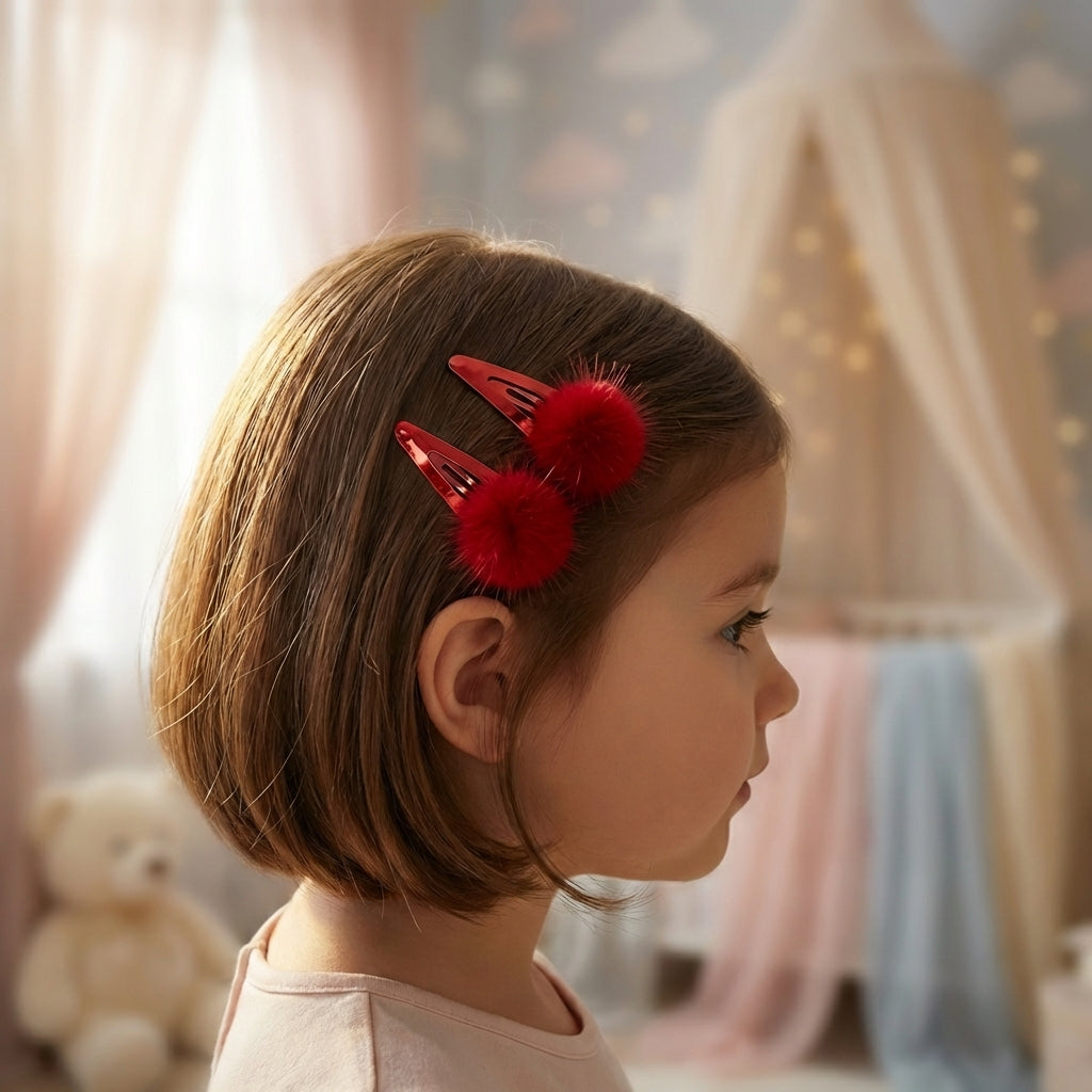 Combo Pair Cute Shiny Tic Tac Soft Pom Pom Pins & 1 Pair Matching Rubbebands with Bows - Red