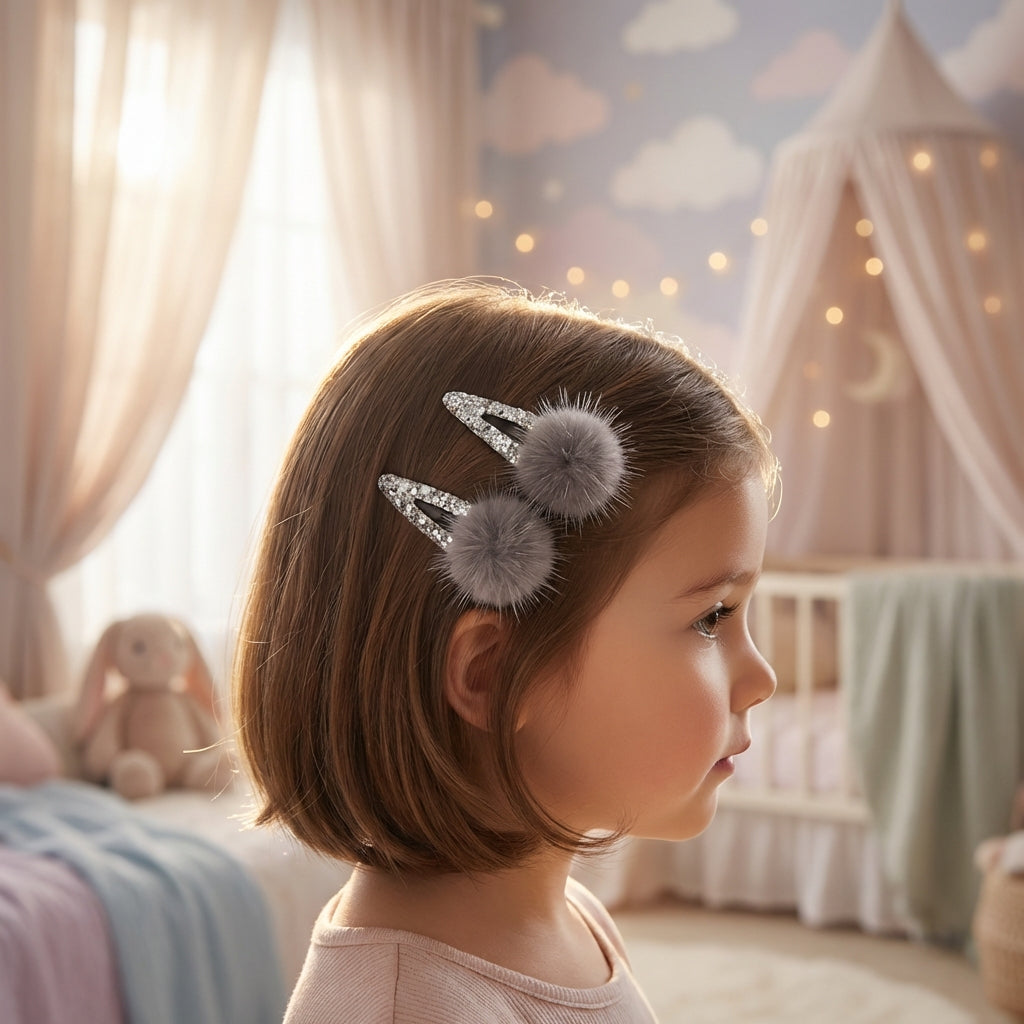 Combo: 1 Pair Cute Shiny Tic Tac Soft Pom Pom Pins & 1 Pair Matching Rubbebands with Bows - Silver, Grey