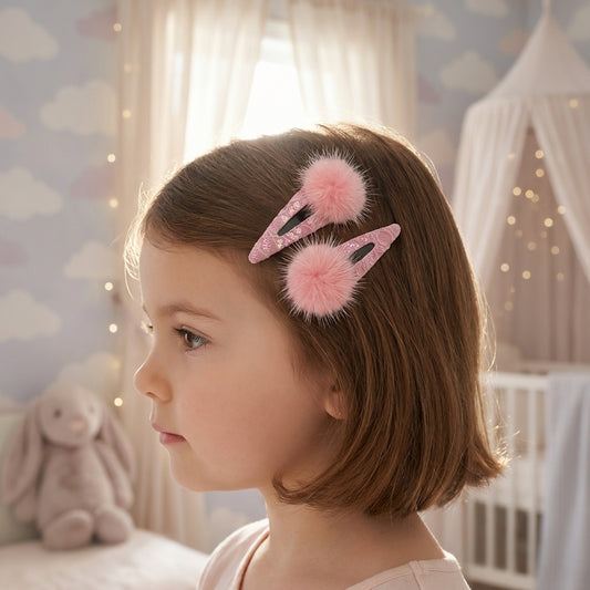 Combo: 1 Pair Cute Shiny Tic Tac Soft Pom Pom Pins & 1 Pair Matching Rubbebands with Bows - Light pink