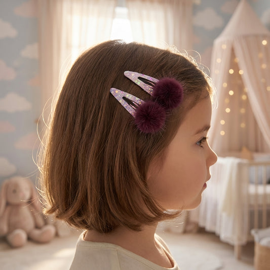 Combo: 1 Pair Cute Shiny Tic Tac Soft Pom Pom Pins & 1 Pair Matching Rubbebands with Bows - Magenta