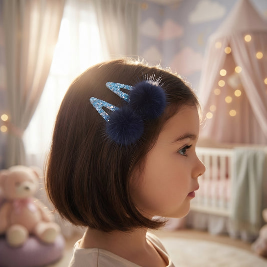 Combo: 1 Pair Cute Shiny Tic Tac Soft Pom Pom Pins & 1 Pair Matching Rubbebands with Bows - Blue