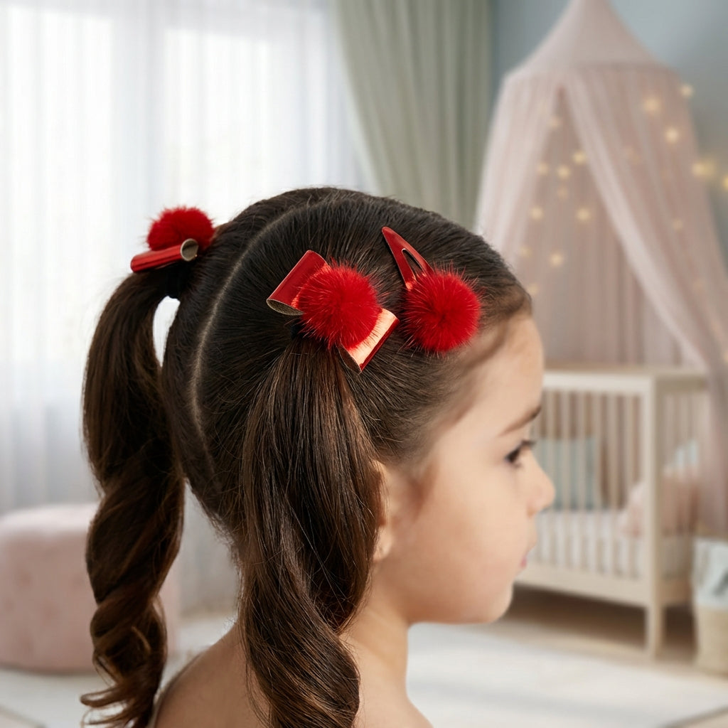 Combo Pair Cute Shiny Tic Tac Soft Pom Pom Pins & 1 Pair Matching Rubbebands with Bows - Red