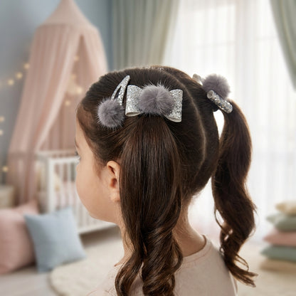 Combo: 1 Pair Cute Shiny Tic Tac Soft Pom Pom Pins & 1 Pair Matching Rubbebands with Bows - Silver, Grey