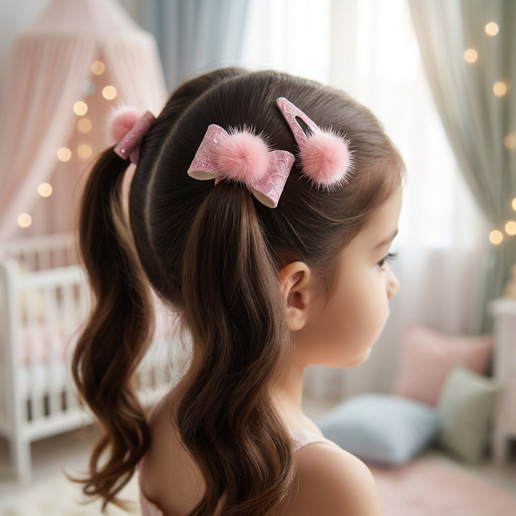 Combo: 1 Pair Cute Shiny Tic Tac Soft Pom Pom Pins & 1 Pair Matching Rubbebands with Bows - Light pink