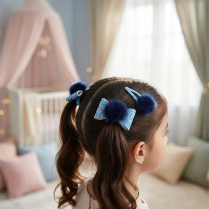 Combo: 1 Pair Cute Shiny Tic Tac Soft Pom Pom Pins & 1 Pair Matching Rubbebands with Bows - Blue