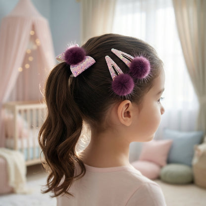 Combo: 1 Pair Cute Shiny Tic Tac Soft Pom Pom Pins & 1 Pair Matching Rubbebands with Bows - Magenta