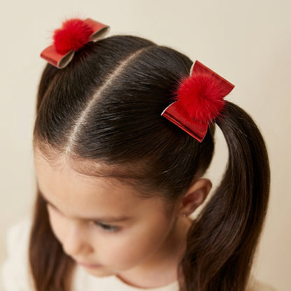 Combo Pair Cute Shiny Tic Tac Soft Pom Pom Pins & 1 Pair Matching Rubbebands with Bows - Red