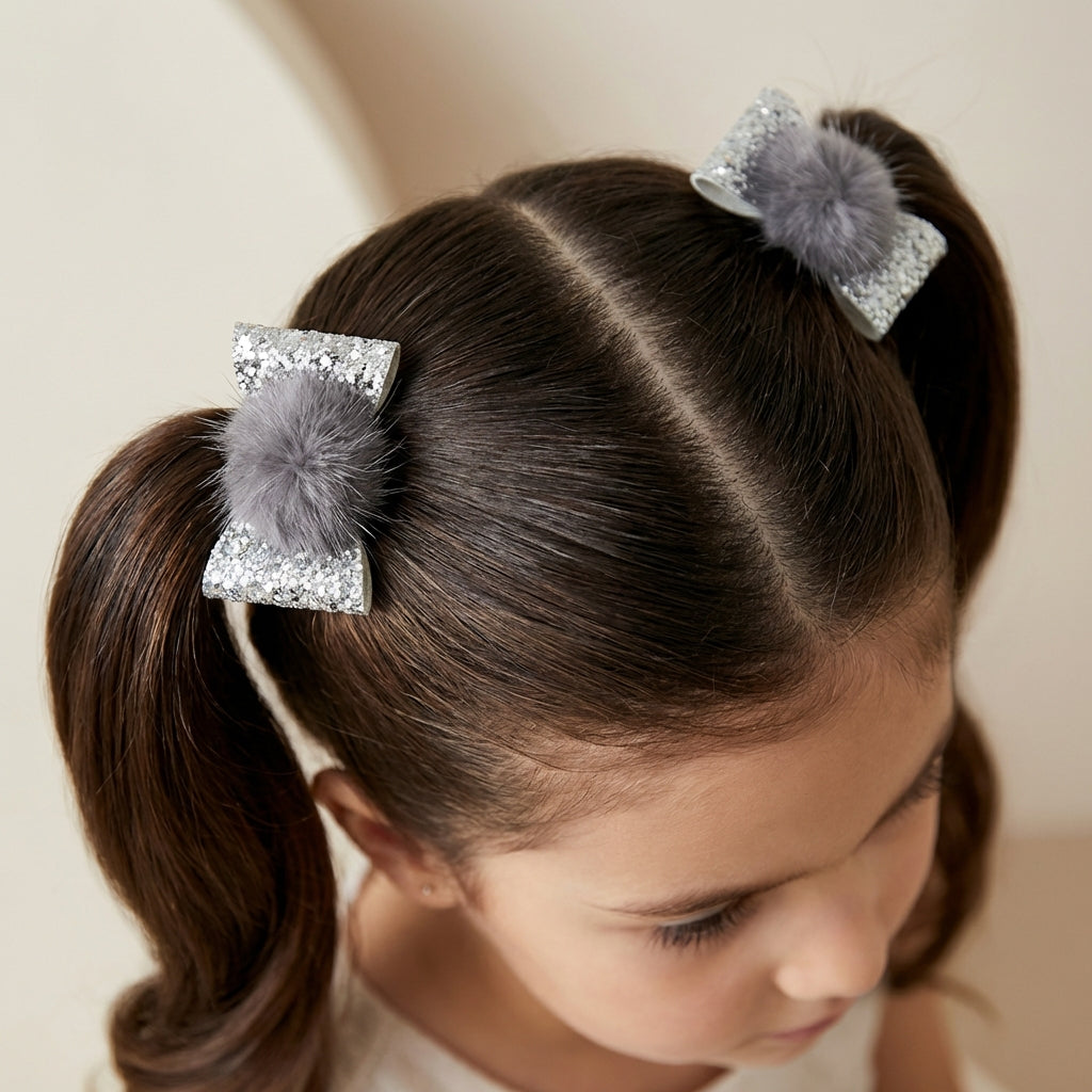 Combo: 1 Pair Cute Shiny Tic Tac Soft Pom Pom Pins & 1 Pair Matching Rubbebands with Bows - Silver, Grey