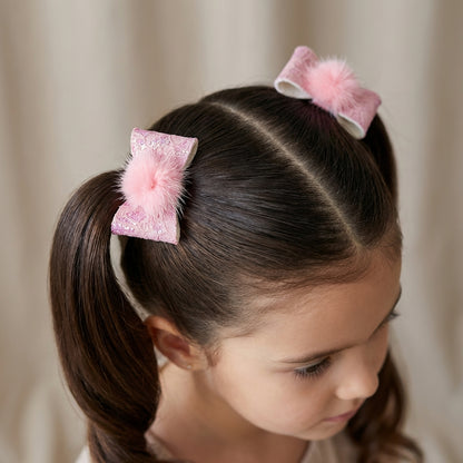 Combo: 1 Pair Cute Shiny Tic Tac Soft Pom Pom Pins & 1 Pair Matching Rubbebands with Bows - Light pink