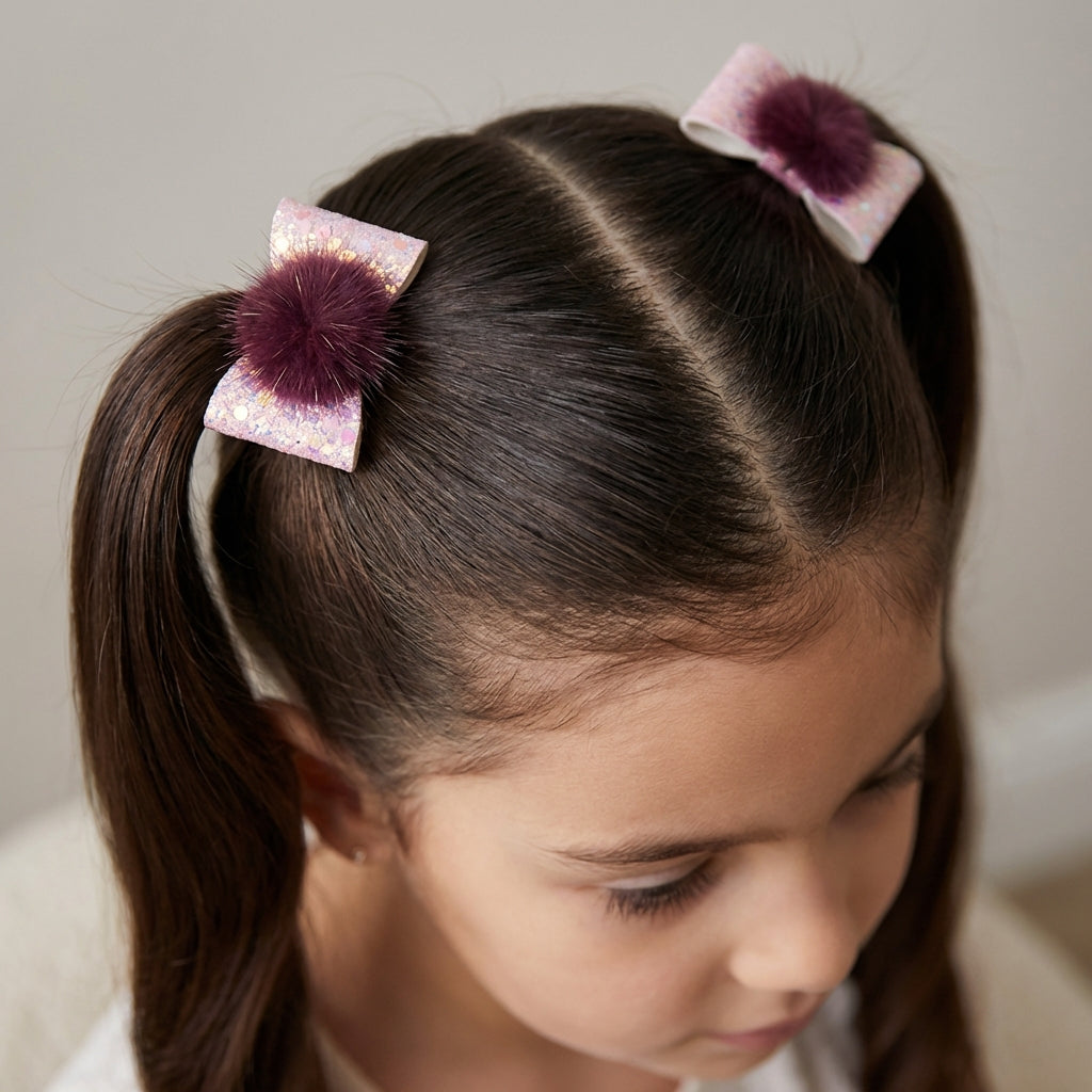 Combo: 1 Pair Cute Shiny Tic Tac Soft Pom Pom Pins & 1 Pair Matching Rubbebands with Bows - Magenta