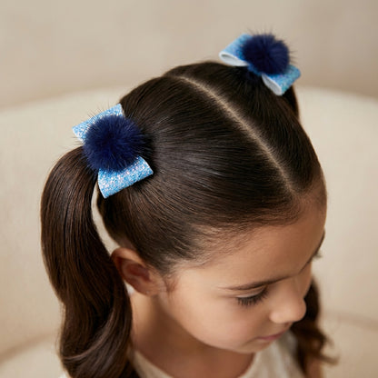 Combo: 1 Pair Cute Shiny Tic Tac Soft Pom Pom Pins & 1 Pair Matching Rubbebands with Bows - Blue