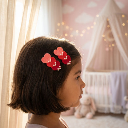 Cute shimmer heart tic-tac pins embellished with pearls  - Red, Offwhite