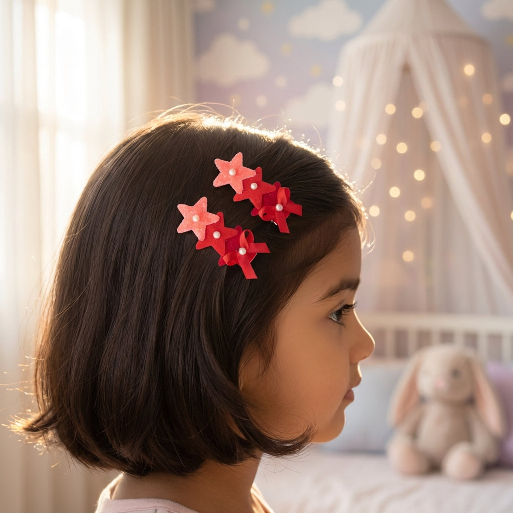 Cute glitter star alligator clips embellished with pearls and small bows  - White, Blue, Red
