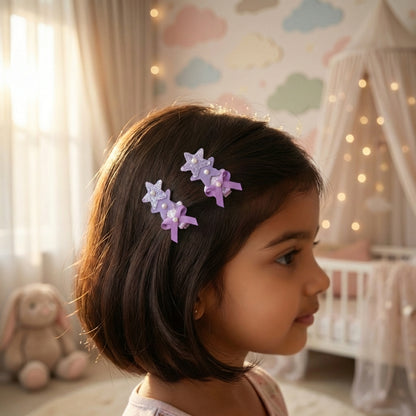 Cute glitter star alligator clips embellished with pearls and small bows  - Purple, Pink