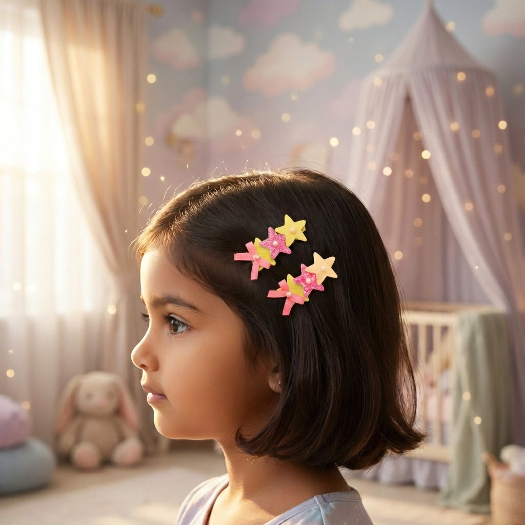 Cute glitter star alligator clips embellished with pearls and small bows  - Purple, Pink