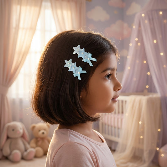Cute glitter star alligator clips embellished with pearls and small bows  - White, Blue, Fluoroscent Green