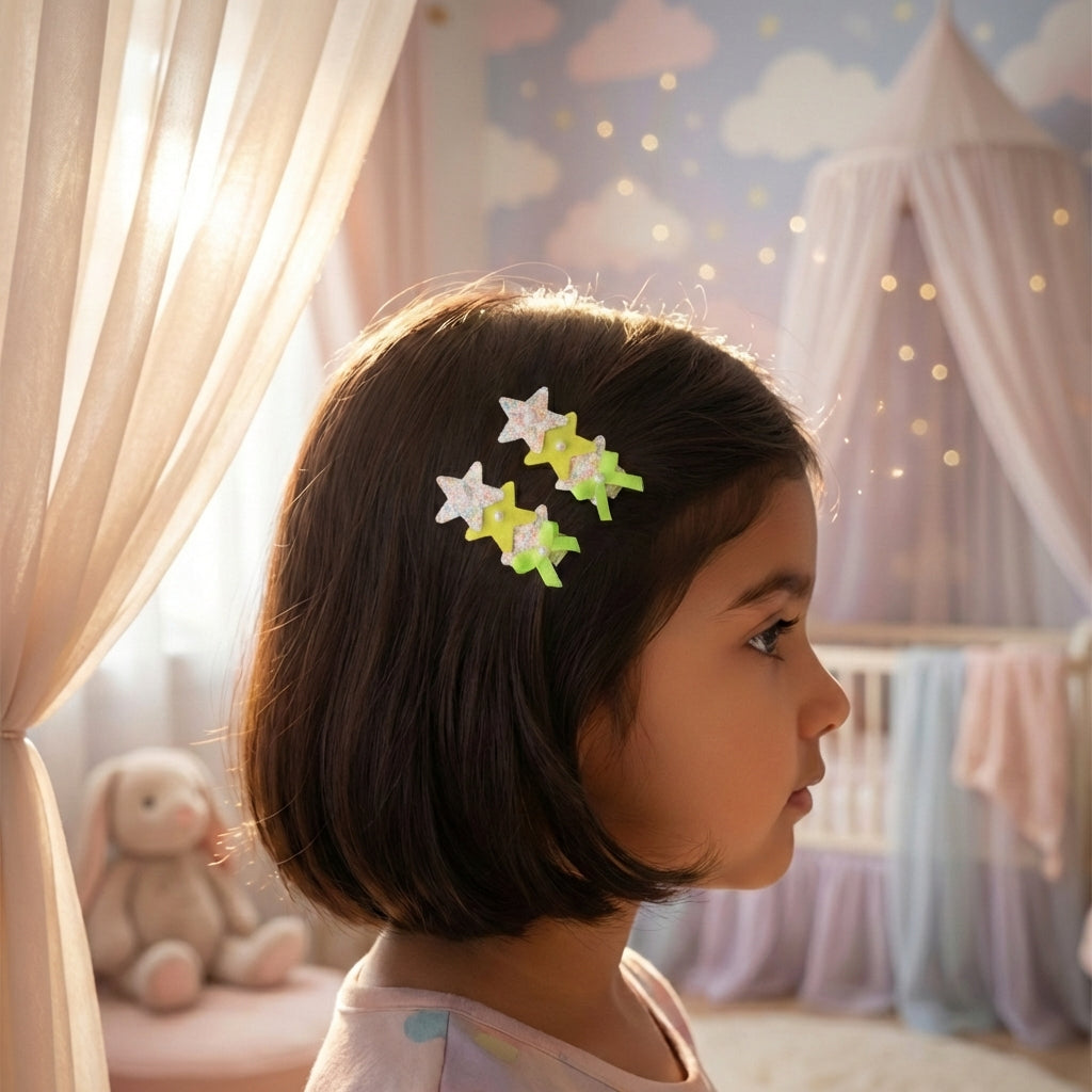 Cute glitter star alligator clips embellished with pearls and small bows  - White, Blue, Fluoroscent Green