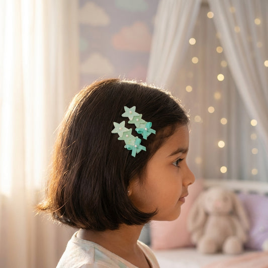 Cute glitter star alligator clips embellished with pearls and small bows  - Sea green , Pink