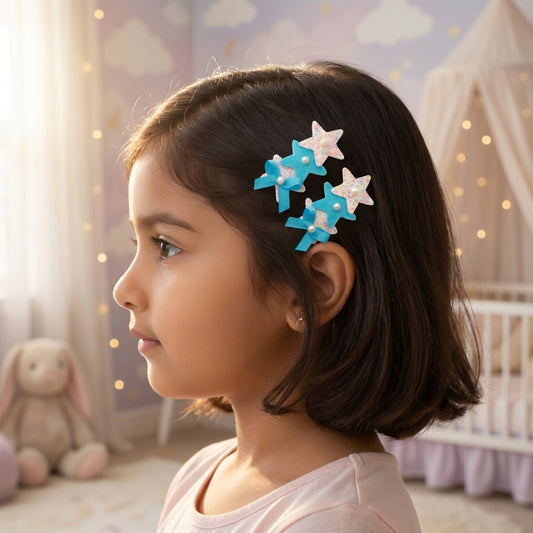 Cute glitter star alligator clips embellished with pearls and small bows  - White, Blue, Red