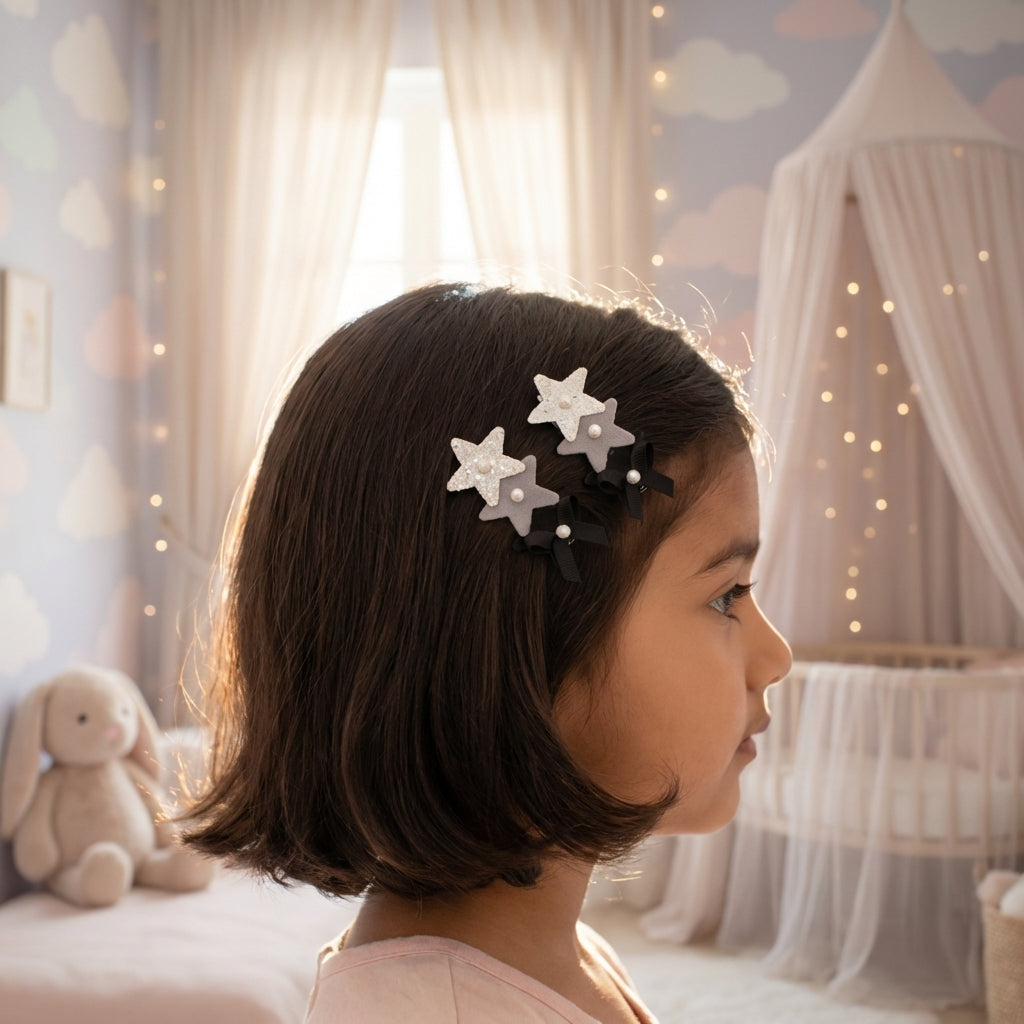 Cute glitter star alligator clips embellished with pearls and small bows  - Peach, Black, Silver