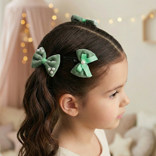 Combo: 1 Pair Velvet Bow Tic Tac Pearls Pins & 1 Pair Matching Dual bow Rubber bands - Olive green