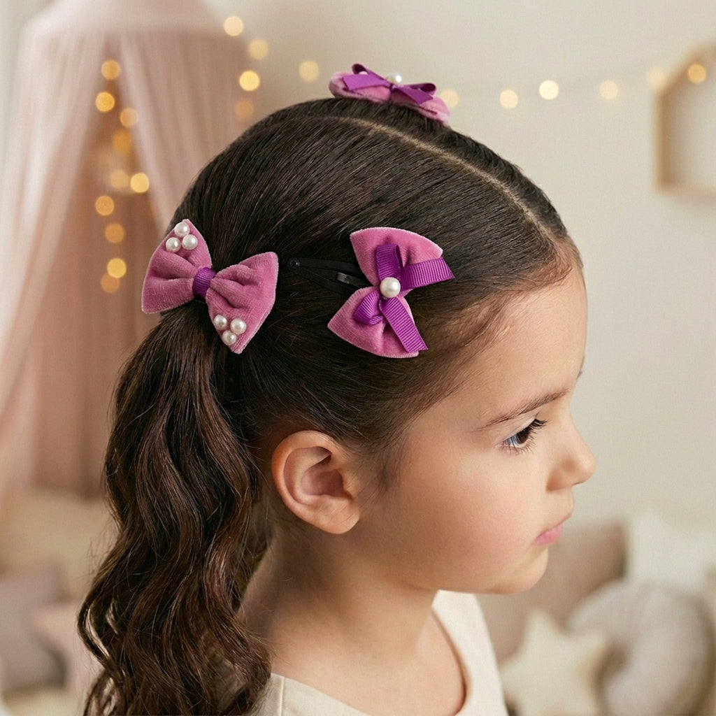 Combo: 1 Pair Velvet Bow Tic Tac Pearls pins & 1 Pair Matching Dudal bow Rubber bands - Purple