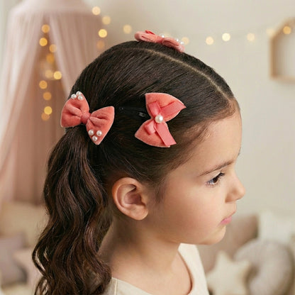 Combo: 1 Pair Velvet Bow Tic Tac Pearls pins & 1 Pair Matching Dudal bow Rubber bands - Peach