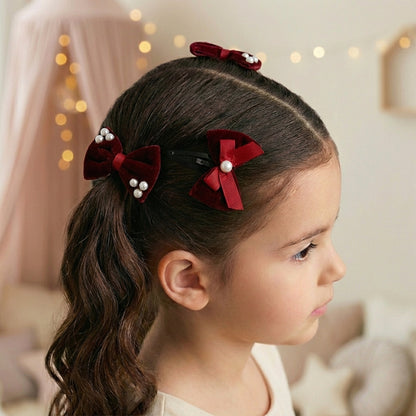 Combo: 1 Pair Velvet Bow Tic Tac Pearls pins & 1 Pair Matching Dudal bow Rubber bands - Maroon