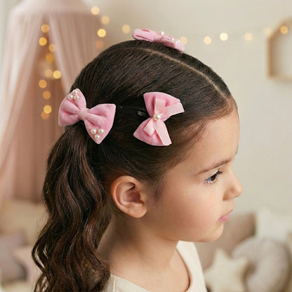Combo 1 Pair Velvet Bow Tic Tac Pearls pins & 1 Pair Matching Dudal bow Rubber bands - Light pink
