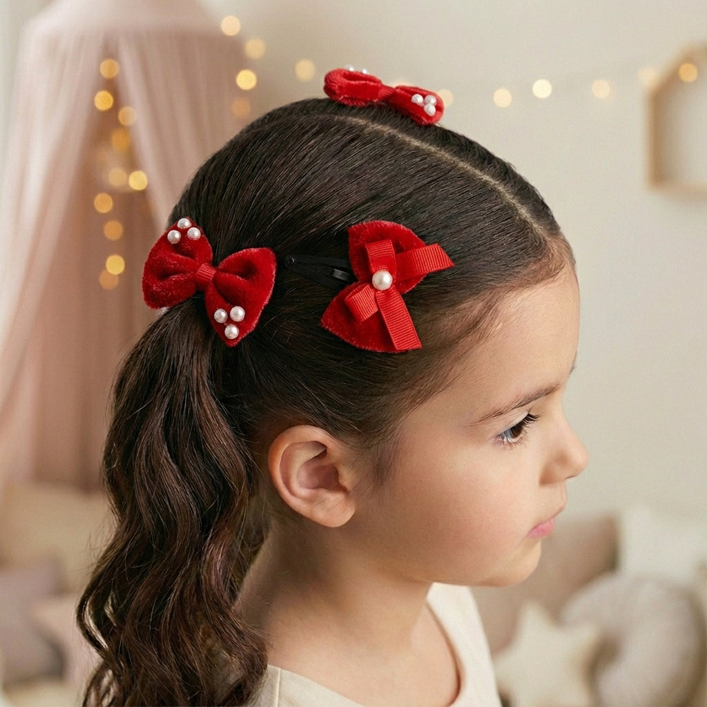Combo: 1 Pair Velvet Bow Tic Tac Pearls pins & 1 Pair Matching Dudal bow Rubber bands - Red