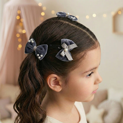 Combo: 1 Pair Velvet Bow Tic Tac Pearls pins & 1 Pair Matching Dudal bow Rubber bands - Grey