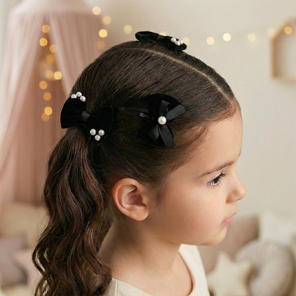 Combo: 1 Pair Velvet Bow Tic Tac Pearls pins & 1 Pair Matching Dudal bow Rubber bands - Black