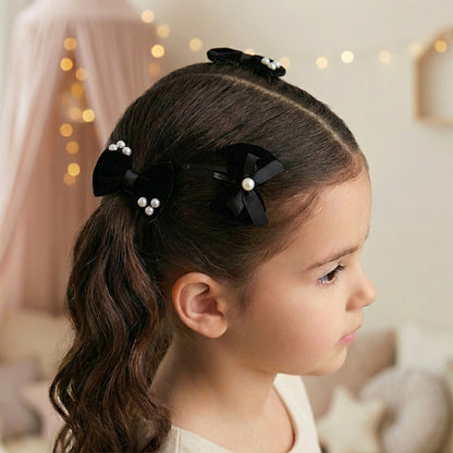 Combo: 1 Pair Velvet Bow Tic Tac Pearls pins & 1 Pair Matching Dudal bow Rubber bands - Black