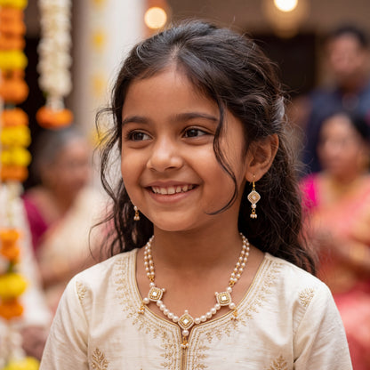 Kundan with pearls chain necklace  - Golden