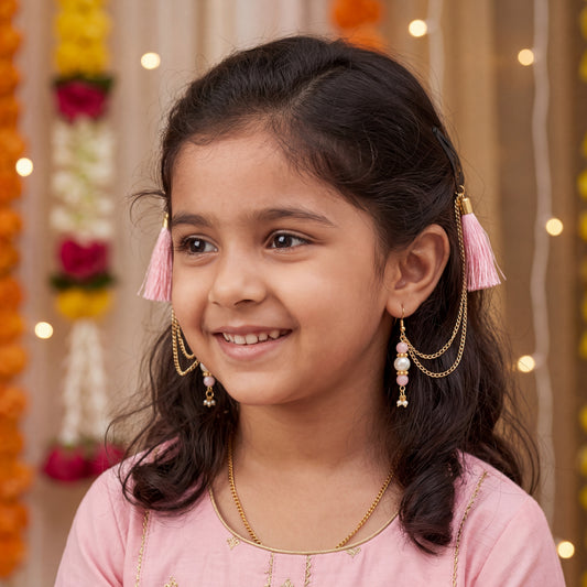 Festive light pink 1 pair chain earrings with chain and tassles and tic-tacs pins (2 Qty)  - Light Pink
