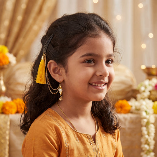Festive yellow 1 pair chain earrings with chain and tassles and tic-tacs pins (2 Qty) - Yellow