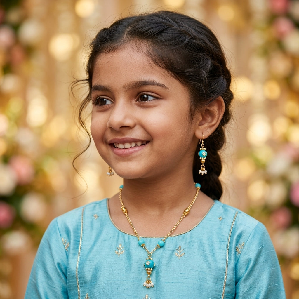 Combo - A festive set of 1 pair light blue beaded earrings & 1 bead necklace. (3 Qty) Light blue