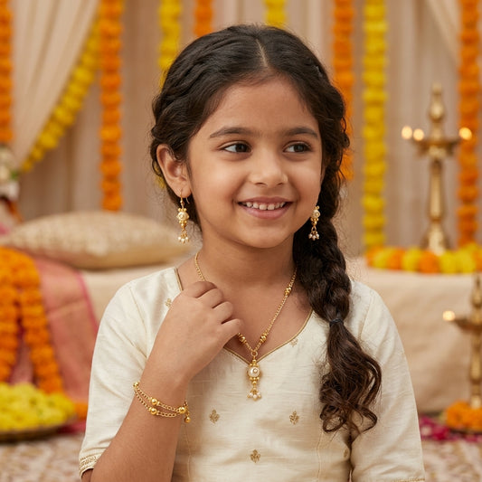 Combo - A festive set of 1 pair golden and white beaded earrings, 1 necklace, 1 bracelet & 1 head-chain (maang -tikka) with tic tacs (3 Qty) - Golden, White