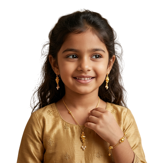 A festive set of 1 pair golden beaded earrings, 1 necklace, 1 bracelet & 1 head-chain (maang -tikka) with tic tacs (3 Qty) - Golden