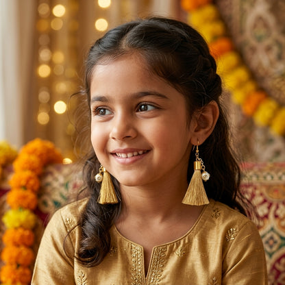 Combo - A festive set of 1 pair golden beaded tassle earrings & 1 matching tic tacs with bows (4 Qty) - Golden